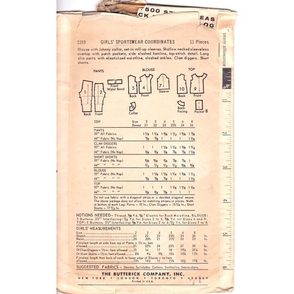 Vintage Sewing PATTERN Butterick 2269, Girls Sportswear Coordinates, 1962 Blouse - Picture 2 of 2